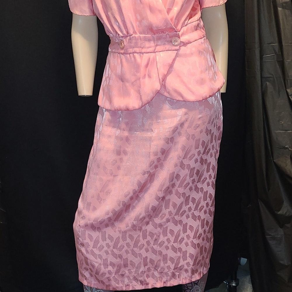 VTG Pink Two-Piece Satin Skirt Set Puffy Sleeve JOLIBEL - Picture 2 of 13